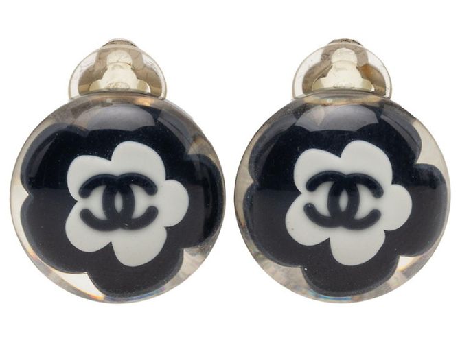 Chanel Camellia Coco Mark Ohrringe Schwarz Silber Weiß