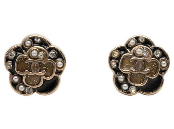 Boucles d'oreilles Chanel Camellia Coco Mark Pearl Noir Doré