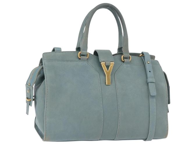 Bolsa SAINT LAURENT Cavas Chic de couro 2way Azul claro Ouro Auth 178268 Dourado