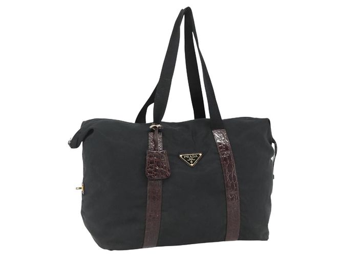 PRADA Boston Bag Nylon Schwarz Gold Auth 176251 Golden