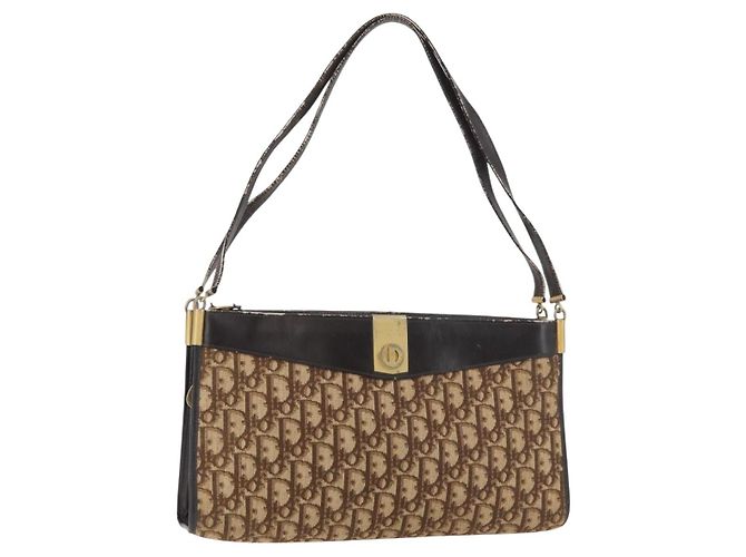 Borsa a Spalla Christian Dior Trotter Canvas Marrone Oro Auth 178153 D'oro