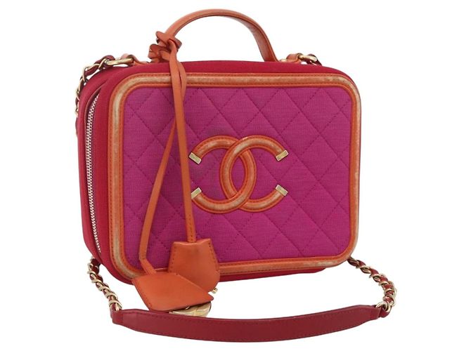 Bolso de hombro vanity CHANEL CC Filigree Chain de algodón Rosa Oro CC Auth 177990 Dorado