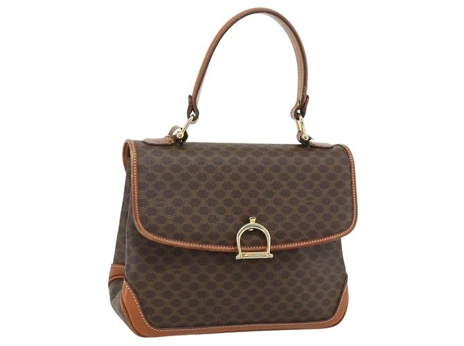 Céline Bolsa CELINE Macadam Canvas PVC Couro Marrom Dourado Auth 179062