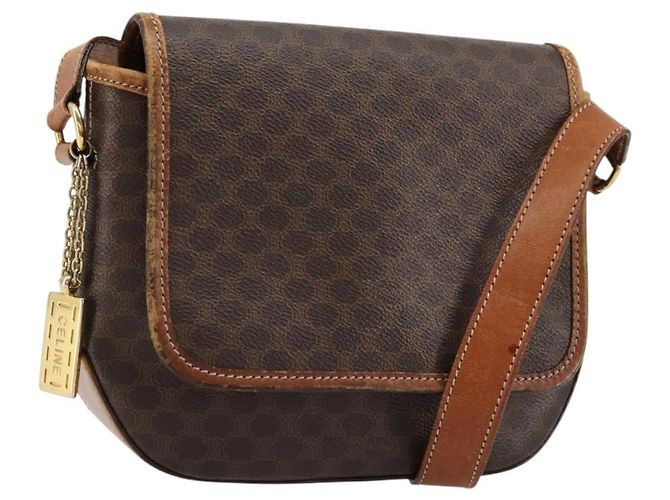 Céline Bolsa de Ombro CELINE Macadam Canvas PVC Couro Marrom Ouro Auth BA12386 Dourado