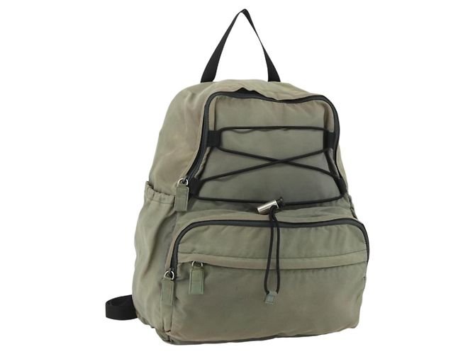 PRADA Backpack Nylon Khaki Silver Auth ka4156 Silvery
