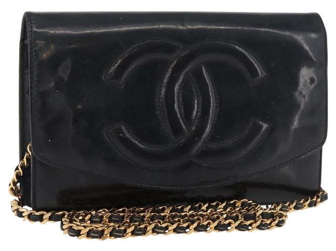 CHANEL COCO Mark Chain Shoulder Bag Piel de Charol Negro Oro CC Auth 177451A Dorado