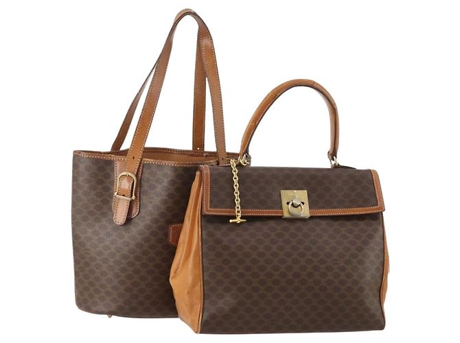 Céline Bolsa de Ombro CELINE Macadam Canvas PVC Couro 2 Set Marrom Auth am11453