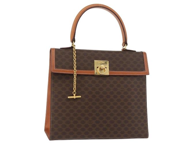 Céline Bolsa CELINE Macadam Canvas PVC Couro Marrom Ouro Auth 178653A Dourado