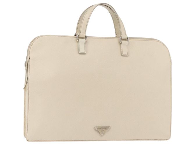 Saffiano Bolsa Business PRADA em couro Safiano Marfim Prata Auth bs34948A Cru