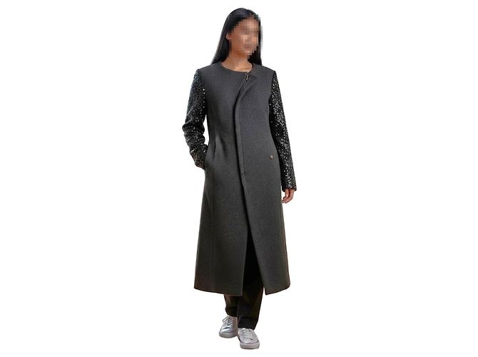 MET ADN Anthracite Grey Wool Long Coat with Sequined Sleeves Dark grey