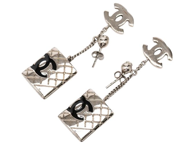 Orecchini Chanel Silver CC Brass Cambon Ligne Drop Pushback Argento