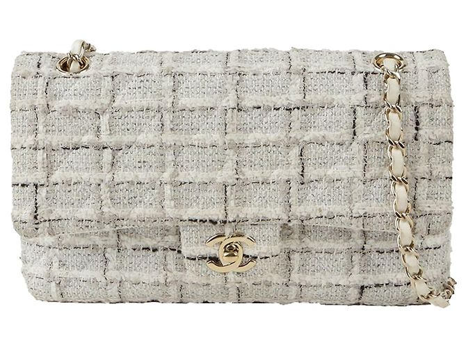 2.55 Chanel Tweed Classic Medium Shoulder Bag White