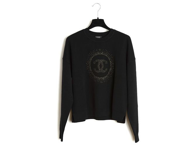 Chanel Pull M ou L Schwarzer Wollpullover mit goldenem CC Halo Größe M oder L Uniform