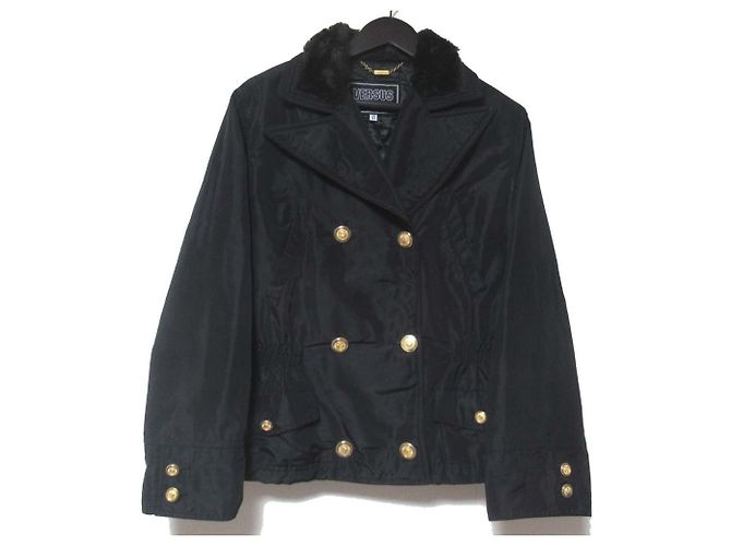 Versus Gianni Versace Quilted Lining Boa Collar Double-Breasted Jacket Black