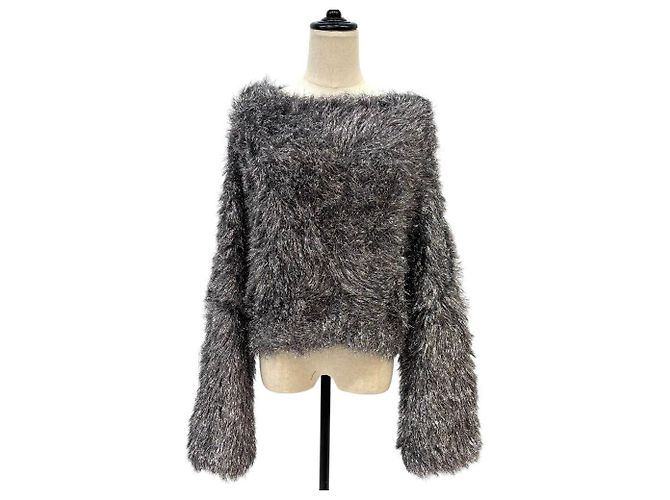 Autre Marque Kurzer Shaggy-Lamé-Strickpullover COLUMN PERMANENT Silber