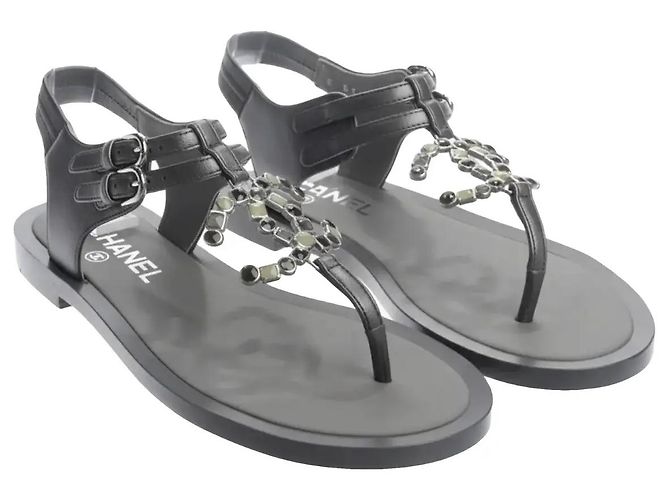 Chanel Leder-Sandalen mit CC-Logo Anthrazitgrau