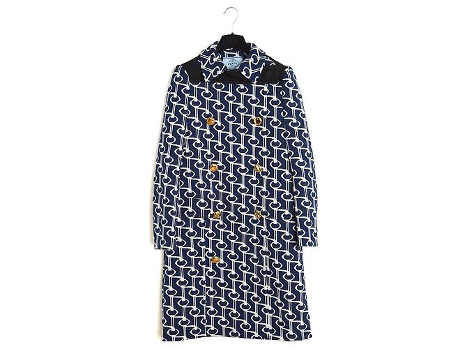 Prada Navy Blue Geometric Jacquard Cape Coat