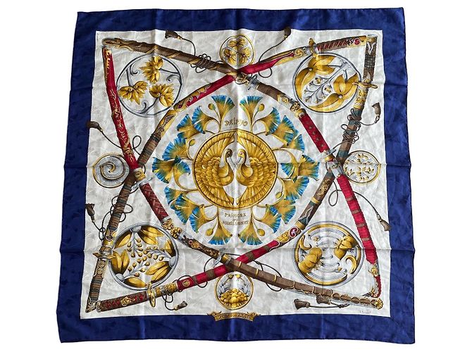 Lenço de seda Hermès Daïmyo Princes du Soleil Levant 90cm Azul marinho