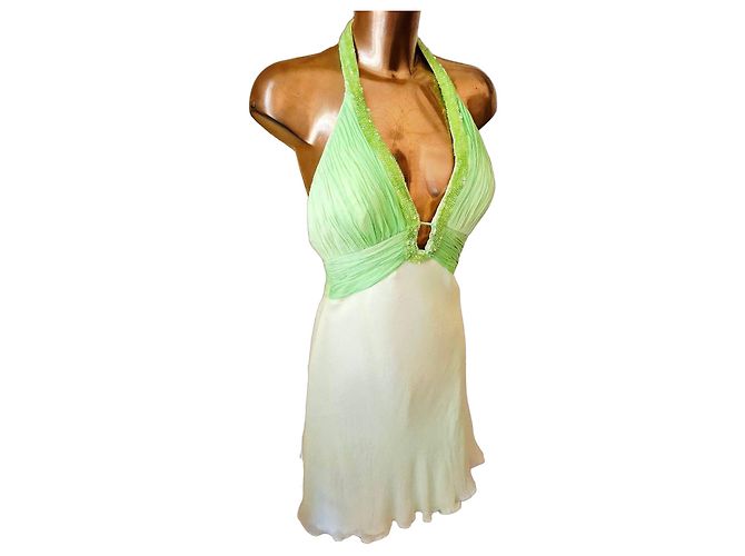 Autre Marque Abito da Cerimonia in Seta Chiffon Giallo e Verde Verde chiaro