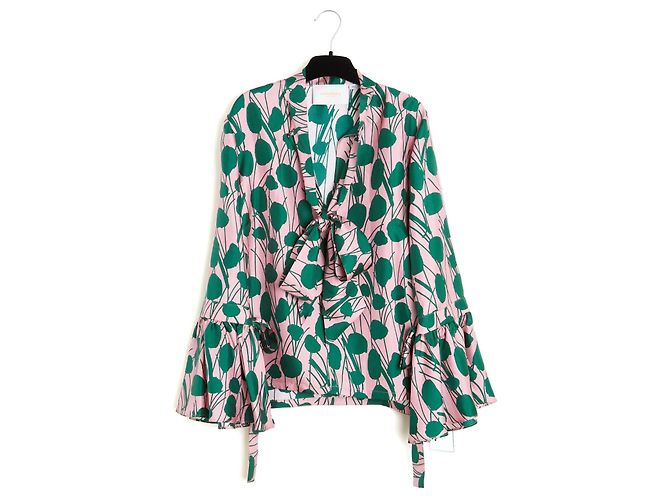 Autre Marque La Double J Bunte Seidentwill-Bluse mit Ascot-Rüschen Mehrfarben