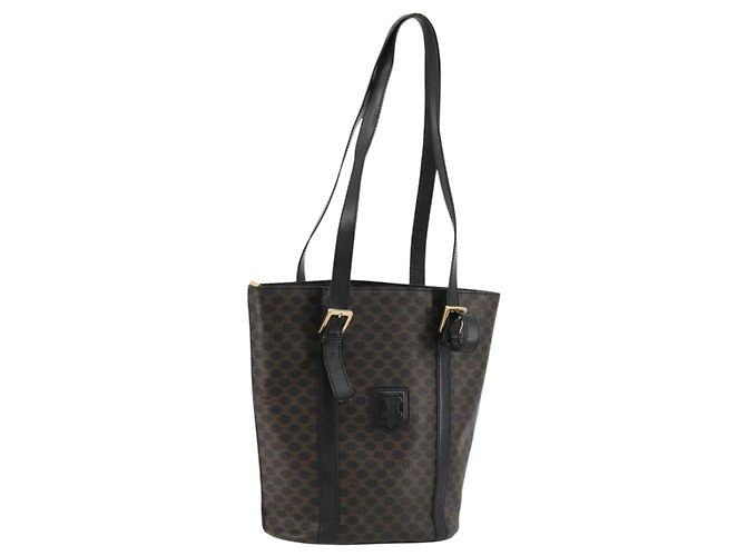 Céline Bolsa Tote CELINE Macadam em lona PVC e couro preto e dourado Auth 179349