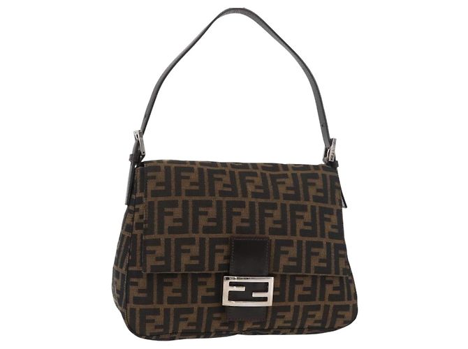 FENDI Zucca Canvas Mamma Baguette Borsa a Spalla Nero Marrone Auth 179388SAV