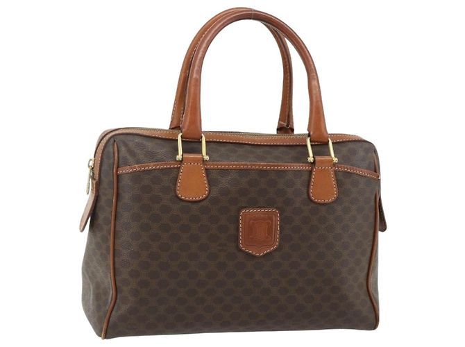 Céline Bolsa CELINE Macadam Canvas PVC Couro Marrom Dourado Auth 179568