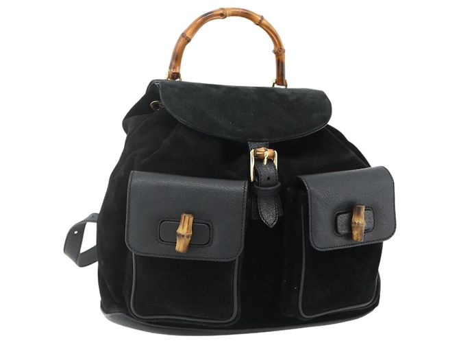 GUCCI Bamboo Backpack Suede Leather Black Gold Auth BA12515 Golden
