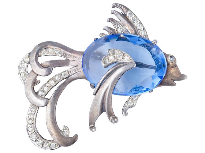 Autre Marque Spilla pesce vintage in argento sterling e cristallo blu
