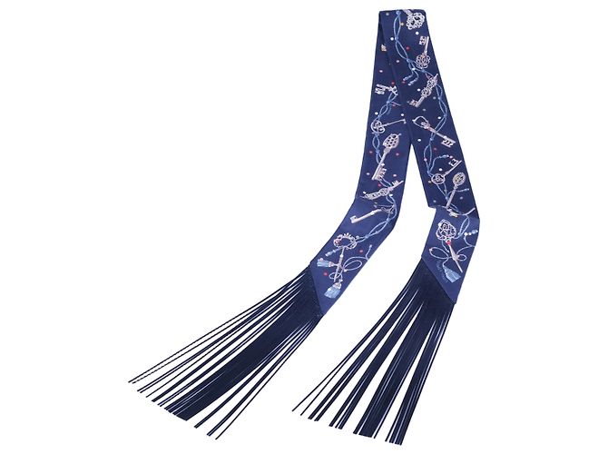 Hermès Les Clés à Pois Fringed Twilly Bleu Marine Multicolore