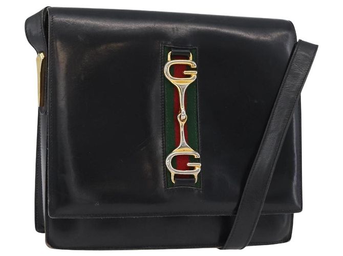 Borsa a tracolla GUCCI Horsebit Web Sherry Line Pelle Nera Oro Auth 179764 Nero D'oro