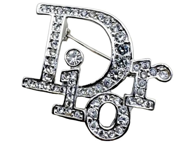 Christian Dior Logo Kristall-Brosche Silber