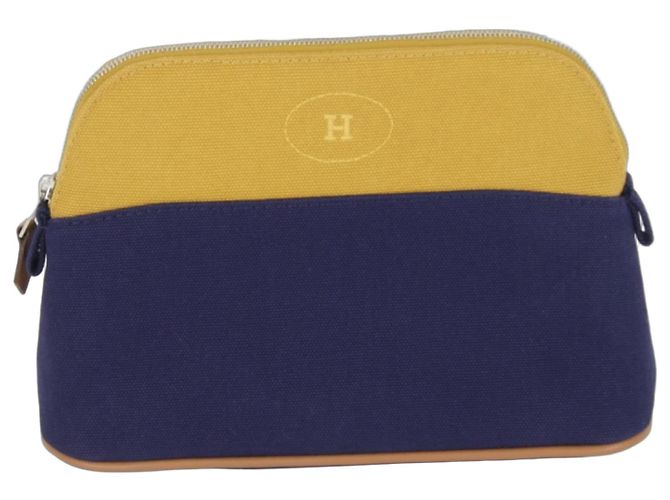 Pochette Mini Bolide Hermès in cotone blu navy e ocra 