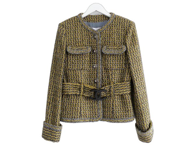 Chanel Fall 2017 17B CC Belt Tweed Jacke Grau Senf