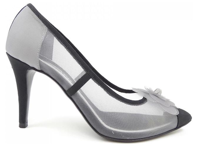 Chanel Mesh Grosgrain Pumps Black Grey