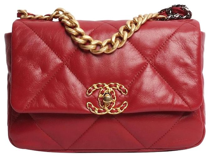 Chanel 19 Chanel Bolsa de ombro acolchoada em pele de cordeiro vermelha 2022 19 Vermelho