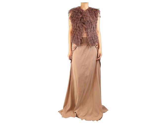 Brunello Cucinelli Conjunto de top de seda marrón de espalda larga y chaleco con flecos - talla S Castaño