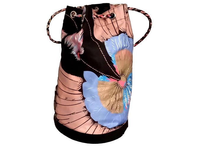 Sac à cordon Hermès "Feathers and Flowers" Marron Noir Rose Blanc Rouge Bleu
