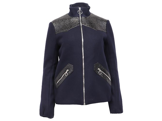 Maje Biker Blousson Zipper Jacket in Navy Blue Wool