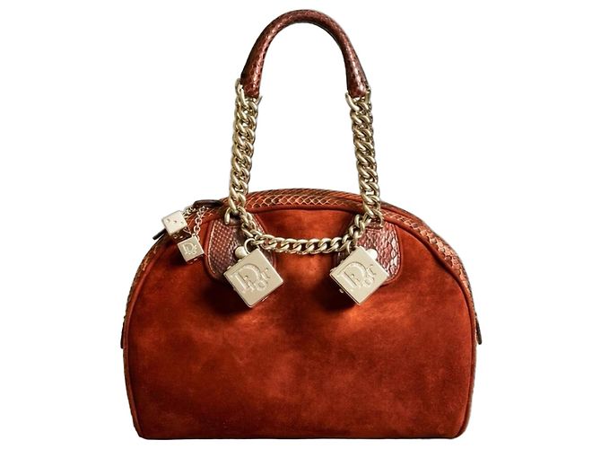 Rare Christian Dior Sac Bowling Dice Gambler en daim et python bordeaux Medium 2004 F/W Marron Bijouterie argentée