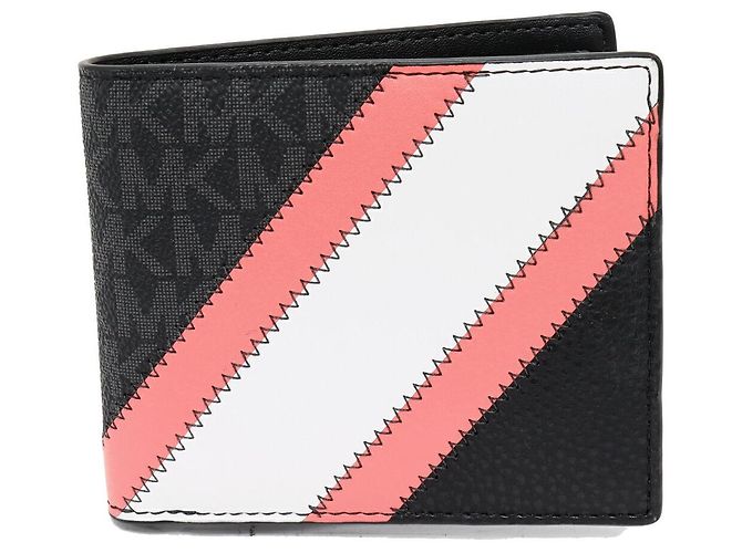 Michael Kors Cooper Billfold With Coin Pocket PVC Canvas Leather Wallet Black Pink