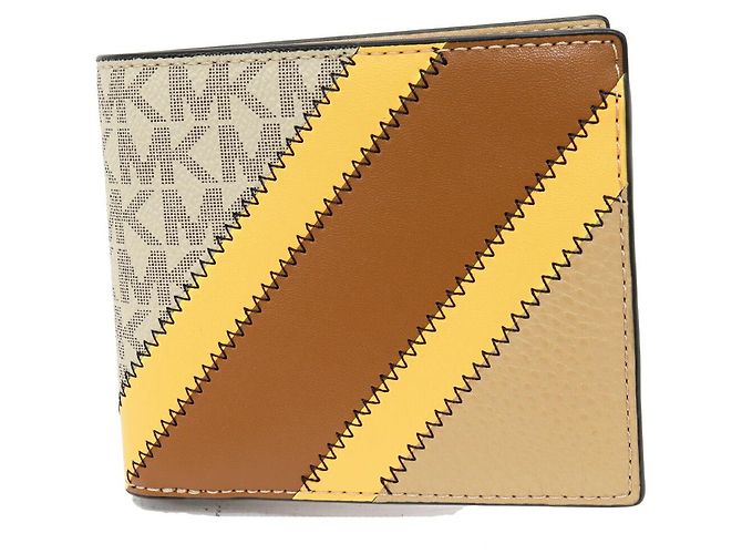 Michael Kors Cooper Billfold With Coin Pocket PVC Canvas Leather Wallet Beige Yellow