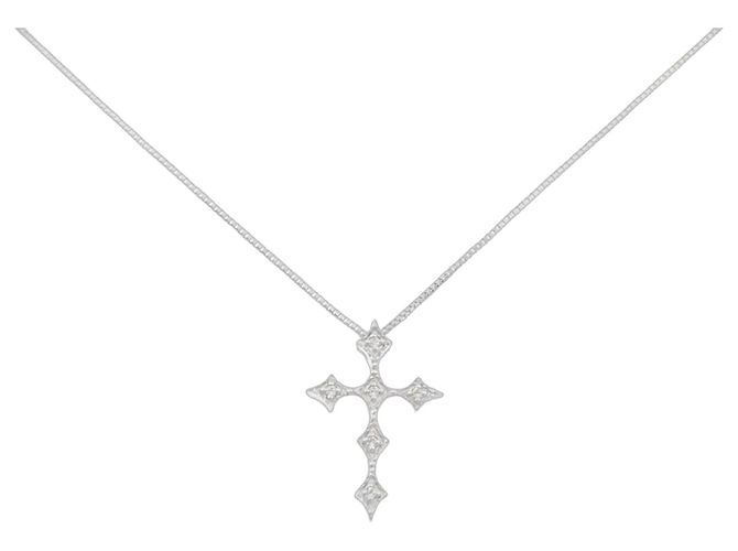Autre Marque Collana con Croce in Oro Bianco K10 e Zirconia Cubica Argento