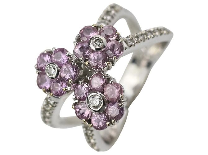 Autre Marque Anello Ponte Vecchio in Oro 750 con Zaffiro Rosa e Diamanti Argento