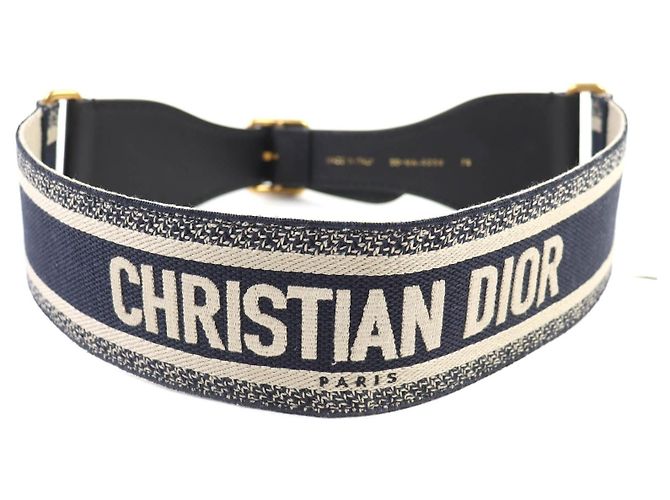 Christian Dior Logo Embroidery Leather Belt Black Cream Navy blue