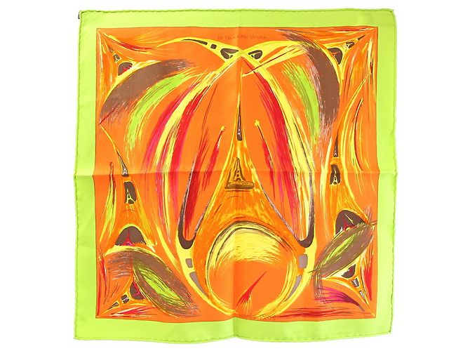 Silk In Hermès Pañuelo de seda Hermes "La Tour Eiffel S'envole" Naranja Verde claro