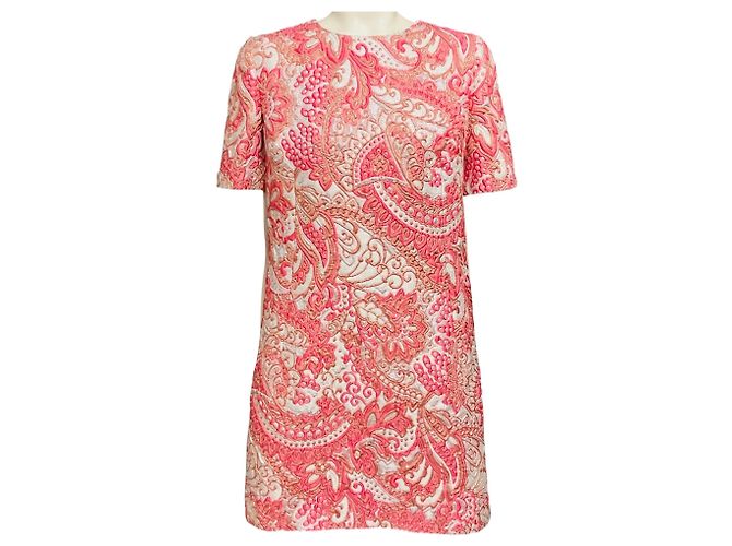 Vestido de cóctel de jacquard de manga corta con adornos de piedras rosas Dolce & Gabbana