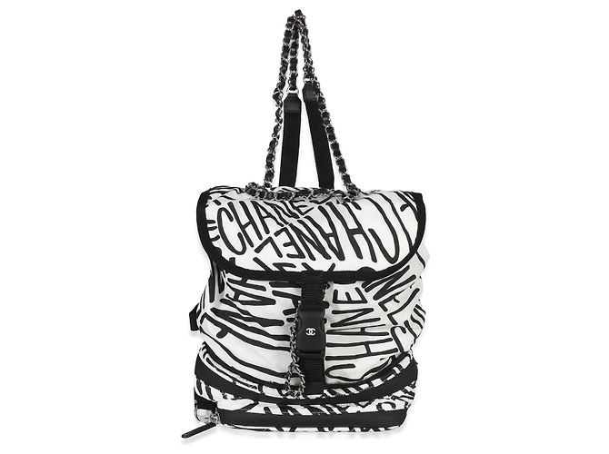 Chanel White Black Nylon Printed Coco Neige Backpack
