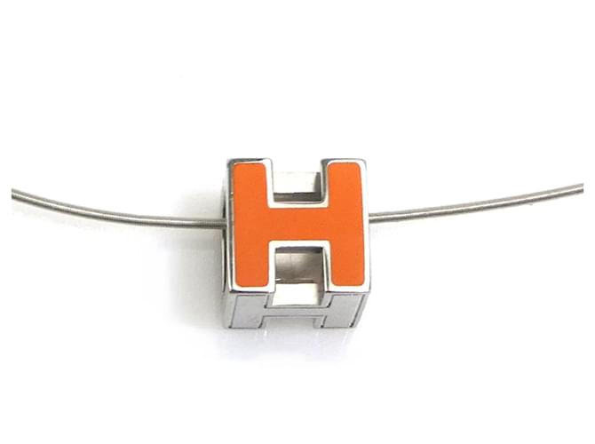 Hermès Hermes Necklace Cage d'H Metal Orange Silver Silvery 