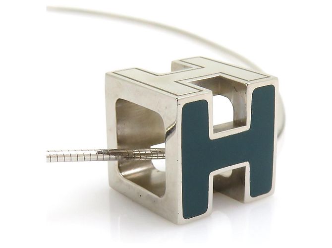 Hermès Collier Hermes H Cube Cage d'H Argenté Bleu Vert